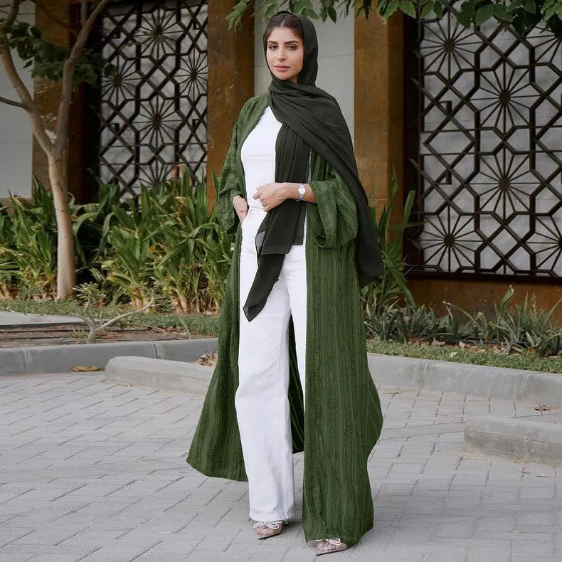 2024 New Fashion Muslim Kimono Abaya Solid Striped Retro Ethnic Cardigan Robe Dubai Middle Eastern Saudi Arabia Eid Clothes