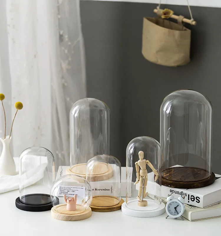 Clear Glass Display Glass Flower Display Cloche Bell Jar Bottle with Wooden Base Dust Cover Display Box Immortal Flower Box