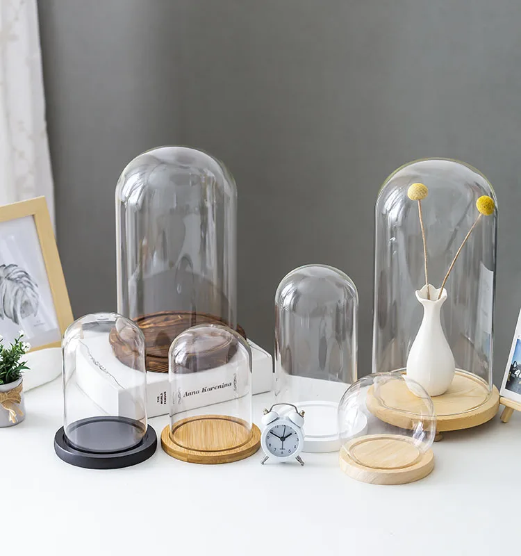 Clear Glass Display Glass Flower Display Cloche Bell Jar Bottle with Wooden Base Dust Cover Display Box Immortal Flower Box