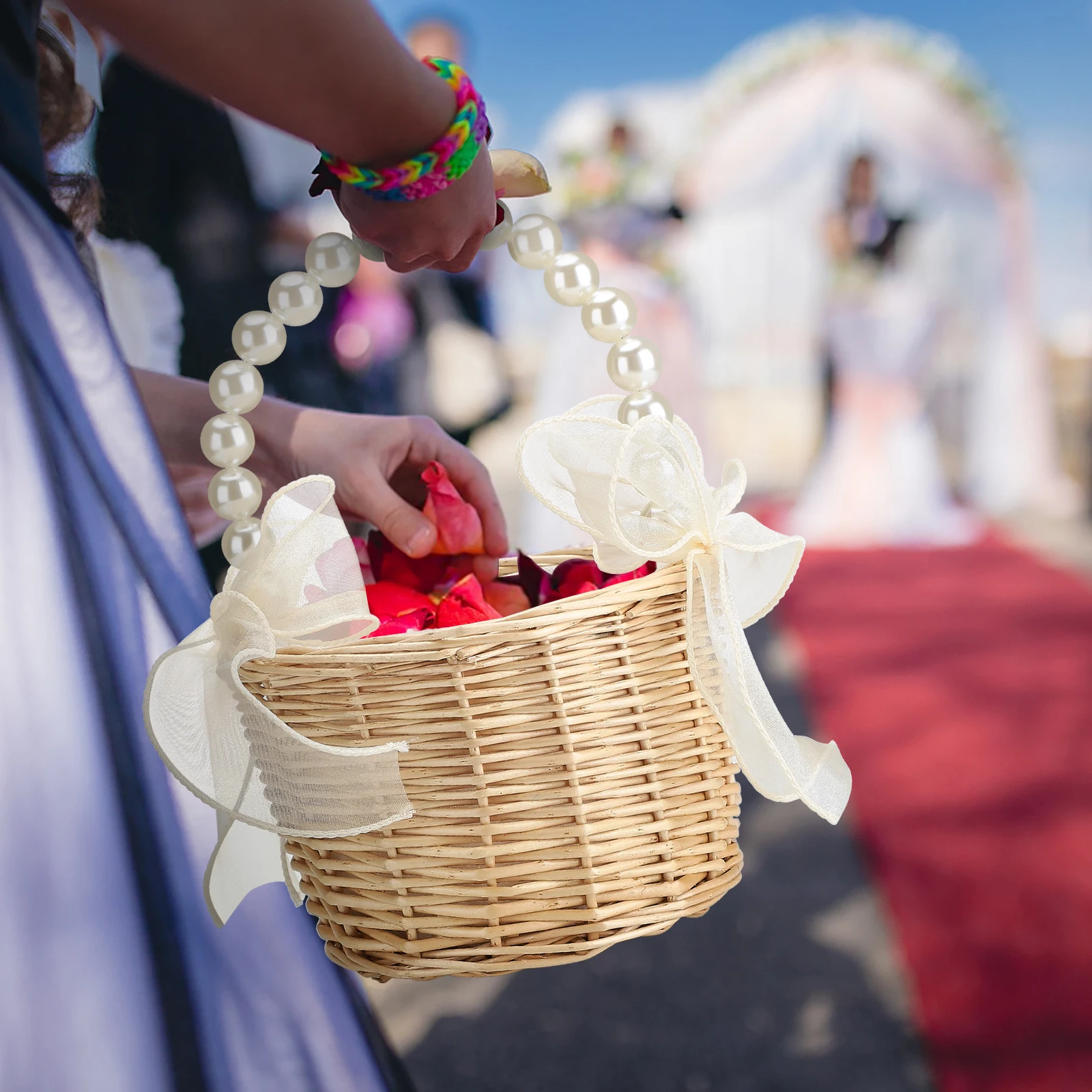 Wedding Bridesmaid Girl Bridal Handheld Flower Basket Organizer Supplies Elegant Flower Storage Box with White Mesh