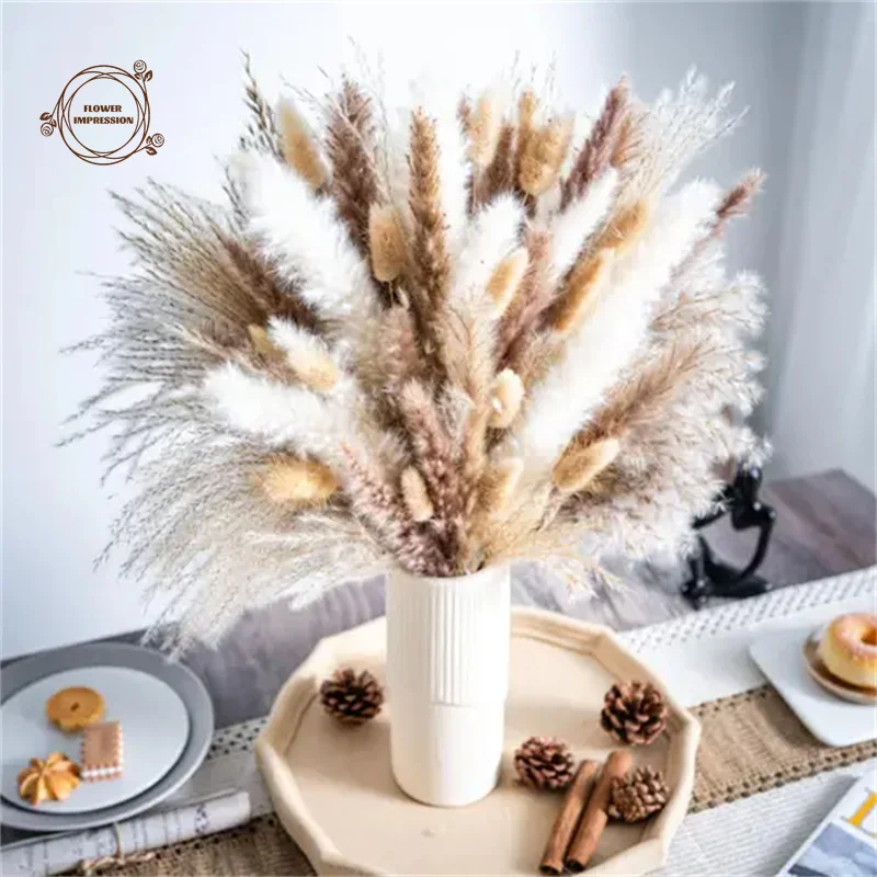 Natural Pampas Dried Flowers Bunny Tails Grass Craspedia Boho Bouquet Wedding Decor Party Supplies Vase Garden Decorations