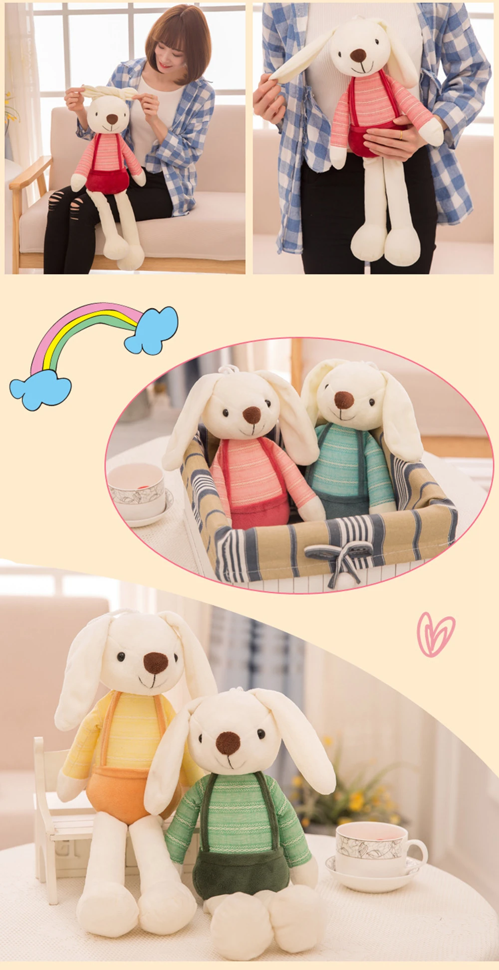 40cm Candy Color Long-eared Rabbit Plush Toy Dressed Small White Rabbit Can Be Hung On The Wall To Sleep To Soothe Birthday Gift