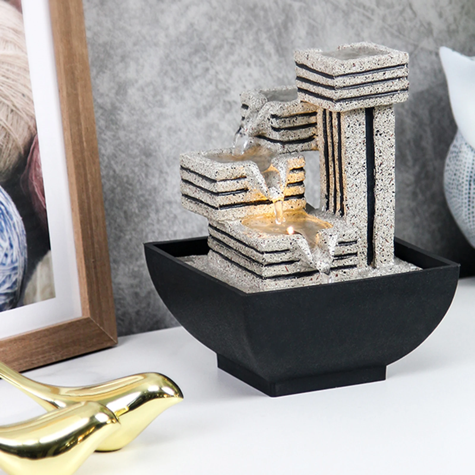 Tabletop Fountain Ornament Water Fountain Resin Flowing Decoration for Desk Bedroom Decoration Geometry Flowing Simple Decor