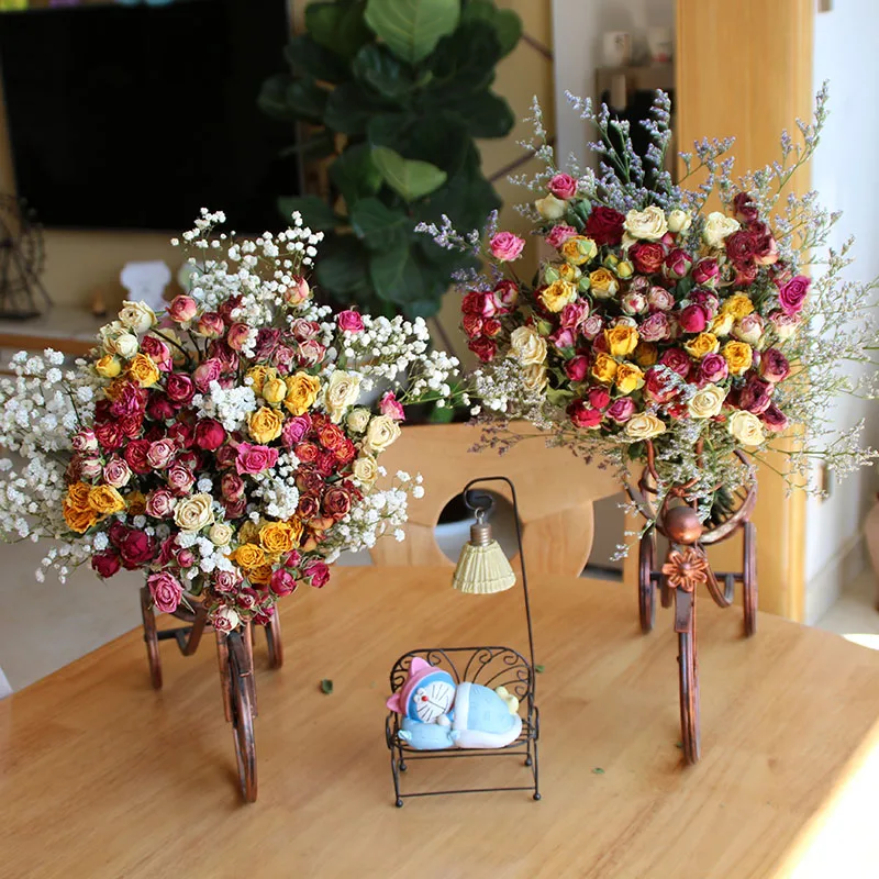 Flower Heads Dried Natural Real Mutiple Heads Rose Flower Wedding Bouquet Bubble Rose Florist Floral DIY Material Home Decor