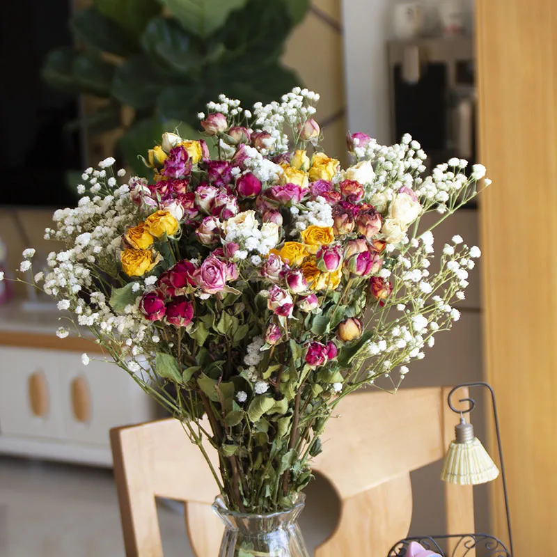 Flower Heads Dried Natural Real Mutiple Heads Rose Flower Wedding Bouquet Bubble Rose Florist Floral DIY Material Home Decor