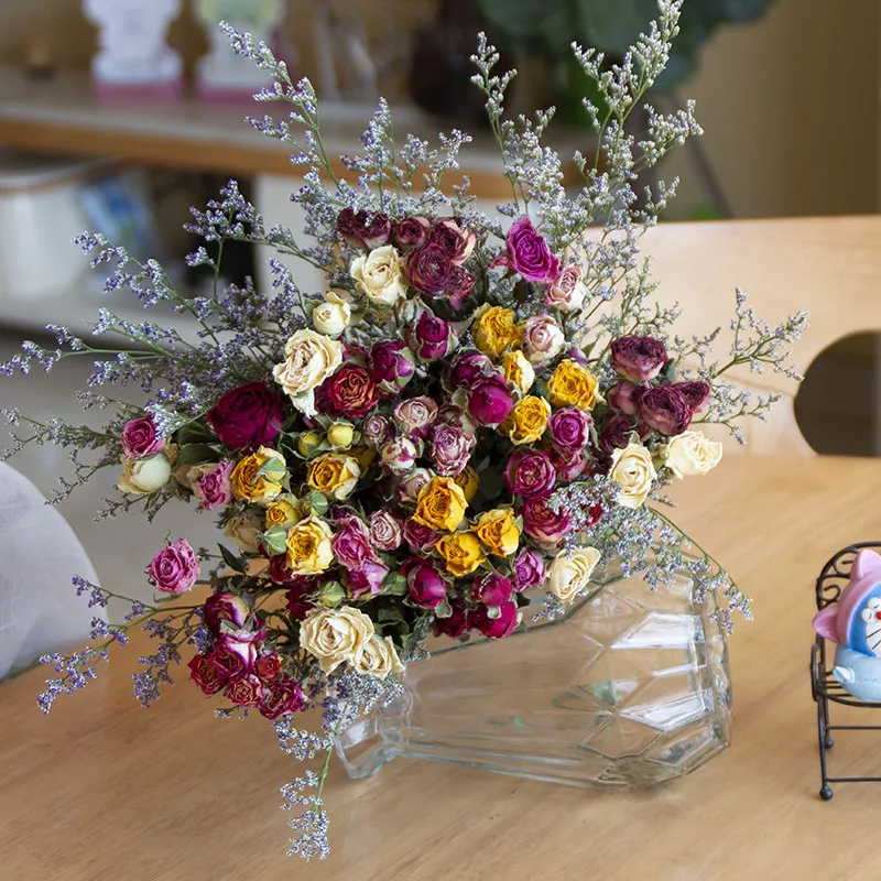 Flower Heads Dried Natural Real Mutiple Heads Rose Flower Wedding Bouquet Bubble Rose Florist Floral DIY Material Home Decor