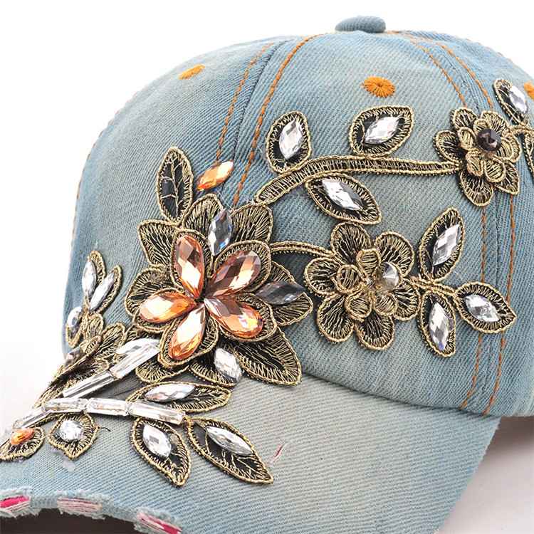 COKK Women's Baseball Cap Diamond Painting Embroidery Flower Denim Snapback Hats Jeans Woman Female Cap Cowboy Summer Sun Hat