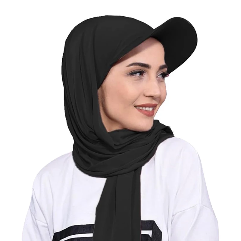 New Women Muslim Baseball Caps With Scarf Outdoor Head Scarf Jersey Hijab Shawl Solid Color Bandana Turban Hat Islamic Headscarf