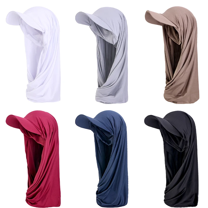 New Women Muslim Baseball Caps With Scarf Outdoor Head Scarf Jersey Hijab Shawl Solid Color Bandana Turban Hat Islamic Headscarf
