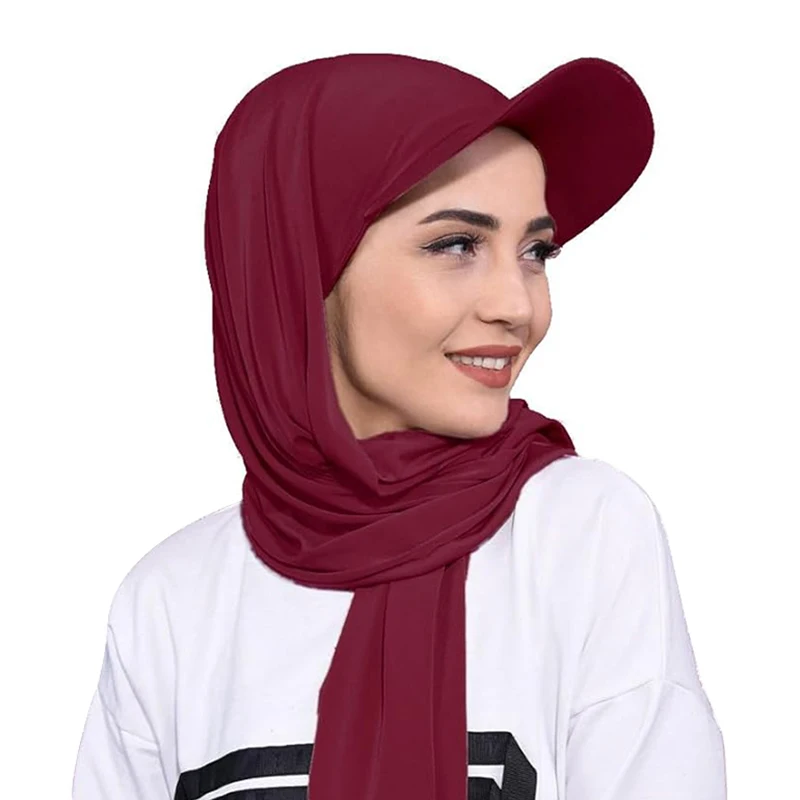 New Women Muslim Baseball Caps With Scarf Outdoor Head Scarf Jersey Hijab Shawl Solid Color Bandana Turban Hat Islamic Headscarf