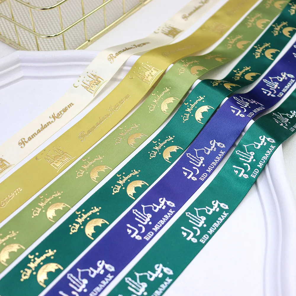 Wholesale 25mm 38mm Gold Foil Eid Mubarak Printed Satin Ribbon For Muslim Al-Fitr Party Supplies Decoration Candy Box Packing Wholesale 25mm 38mm Gold Foil Eid Mubarak Printed Satin Ribbon For Muslim Al-Fitr Party Supplies Decoration Candy Box Packing