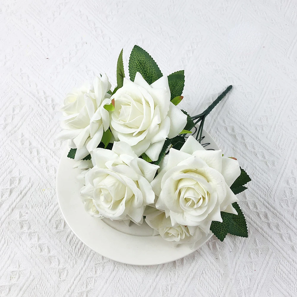 Velvet Artificial Flowers Rose Bouquet Wedding Decorations Red 7 Heads Fake Roses Decorative Flower Home Decor Garden Decoration