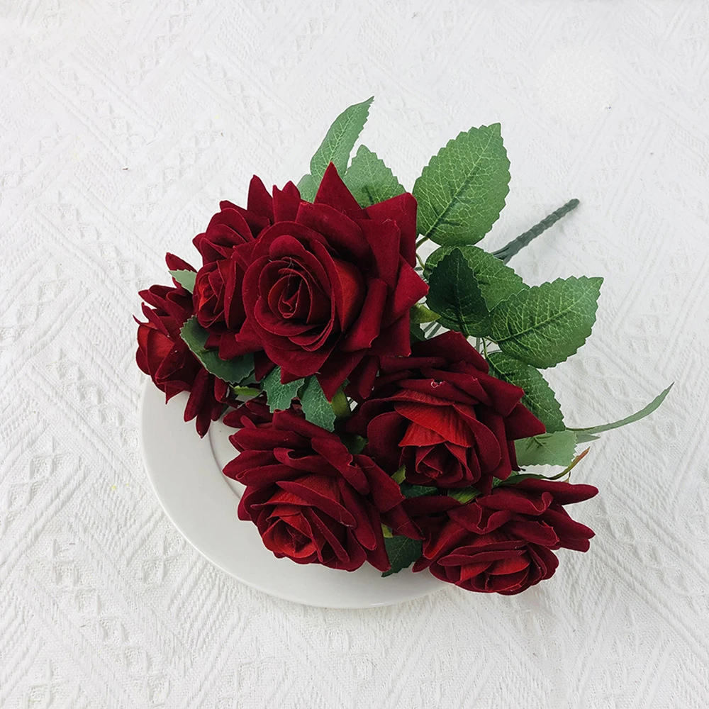 Velvet Artificial Flowers Rose Bouquet Wedding Decorations Red 7 Heads Fake Roses Decorative Flower Home Decor Garden Decoration