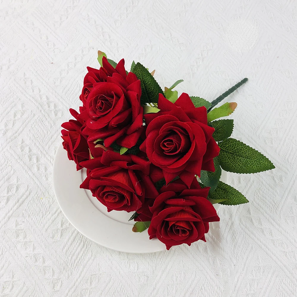 Velvet Artificial Flowers Rose Bouquet Wedding Decorations Red 7 Heads Fake Roses Decorative Flower Home Decor Garden Decoration
