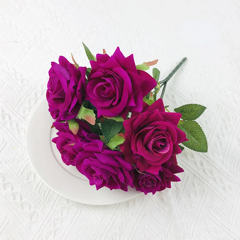 Velvet Artificial Flowers Rose Bouquet Wedding Decorations Red 7 Heads Fake Roses Decorative Flower Home Decor Garden Decoration