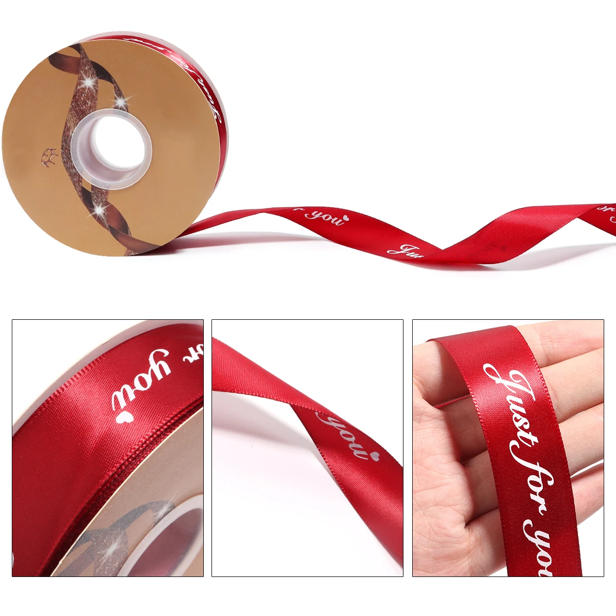50 Yards Satin Ribbon Color Printed 'JUST FOR YOU' Wrapping Ribbons for Baking Flower Birthday Festival Gifts Party Decoration