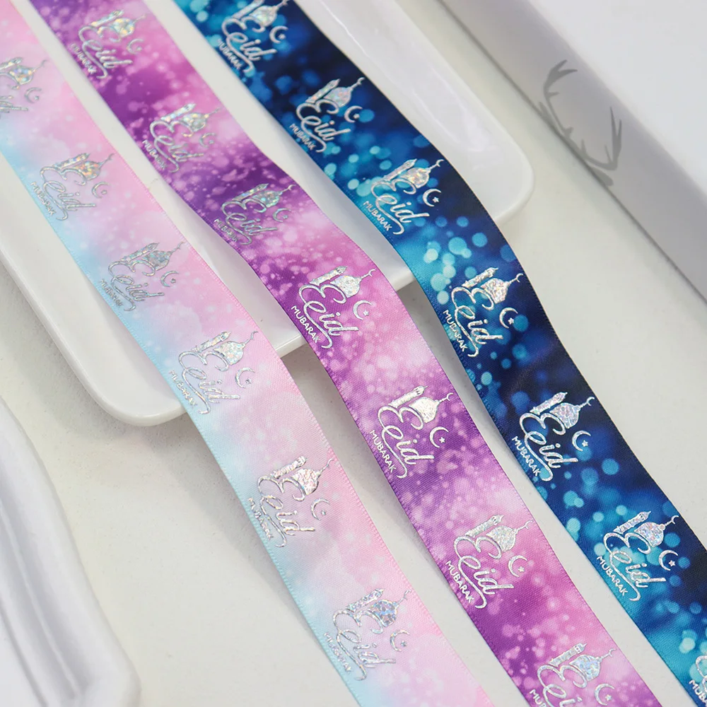 1'' 25mm Gold Silver Foil Eid Mubarak Printed Satin Ribbon For Happy Ramadan Kareem Muslim Al-Fitr Party Supplies Decoration 1'' 25mm Gold Silver Foil Eid Mubarak Printed Satin Ribbon For Happy Ramadan Kareem Muslim Al-Fitr Party Supplies Decoration