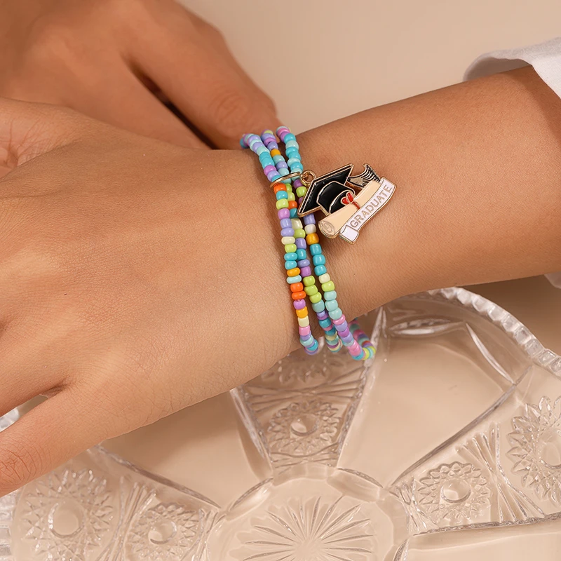 Fashion Doctor Hat Bracelets for Women Handmade Colorful Beads Bracelets Students Graduation Jewelry Gifts