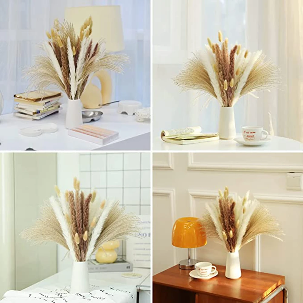 90PCS Natural Fluffy Pampas Grass Wedding Bouquet, Home Party Decor Dried Flowers Wedding Supplies Accessories Room Decor Floral