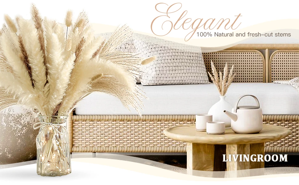 90PCS Natural Fluffy Pampas Grass Wedding Bouquet, Home Party Decor Dried Flowers Wedding Supplies Accessories Room Decor Floral