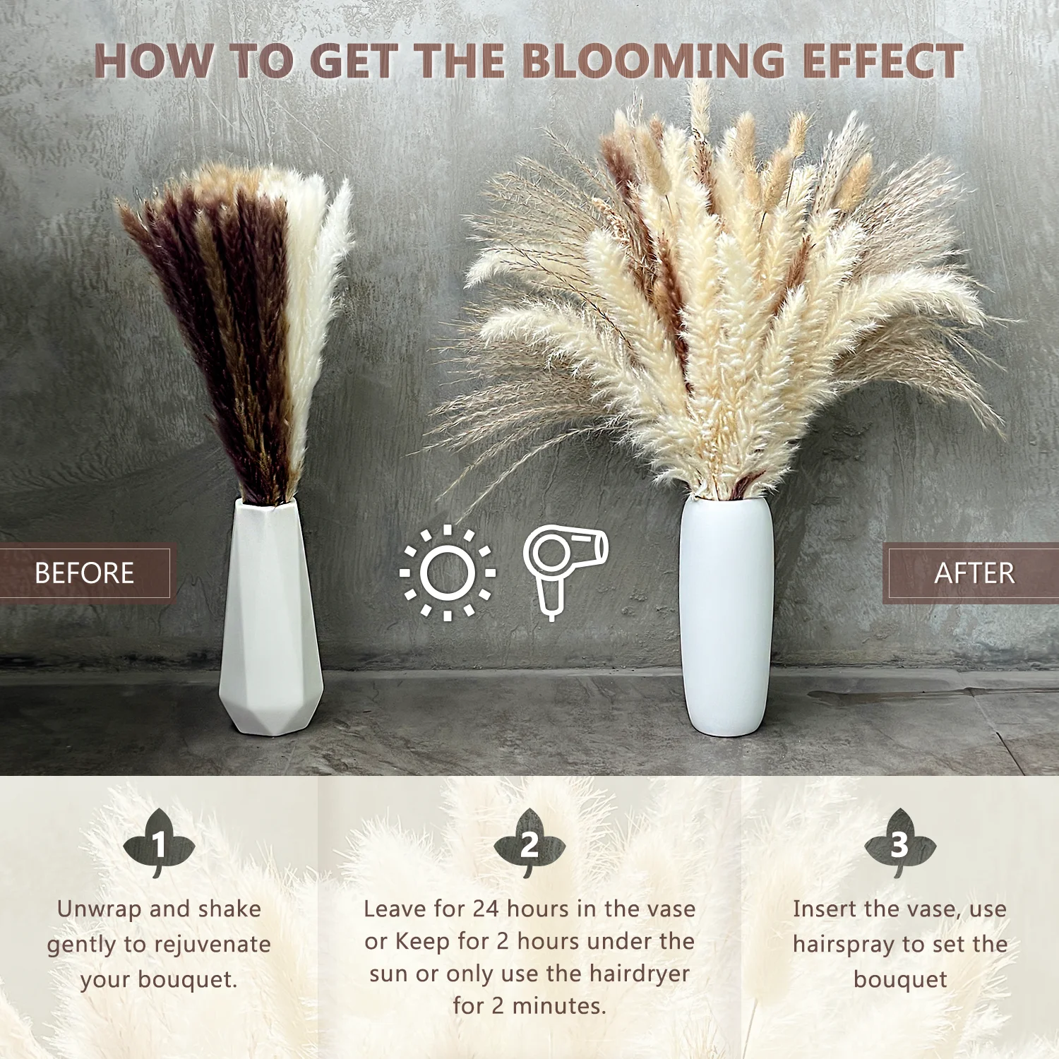 90PCS Natural Fluffy Pampas Grass Wedding Bouquet, Home Party Decor Dried Flowers Wedding Supplies Accessories Room Decor Floral