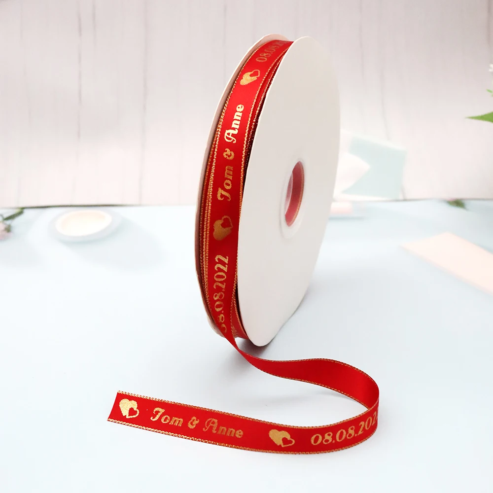 Personalized Brand Logo Printed Ribbon, Golden Edges, Satin Rubban Tape, Wedding Party Favor, Gifts Box Baking Wrapping Bouquet