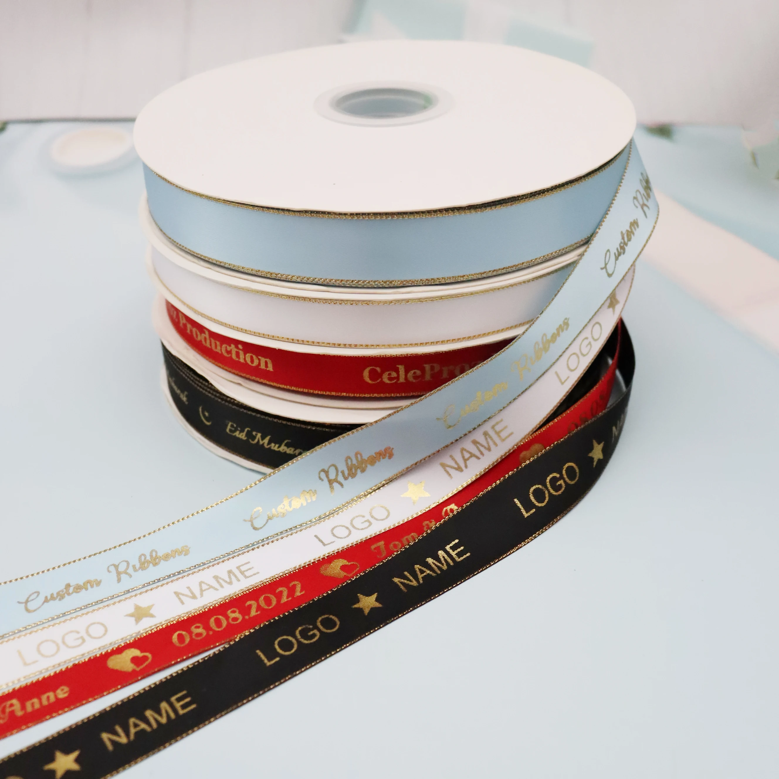 Personalized Brand Logo Printed Ribbon, Golden Edges, Satin Rubban Tape, Wedding Party Favor, Gifts Box Baking Wrapping Bouquet