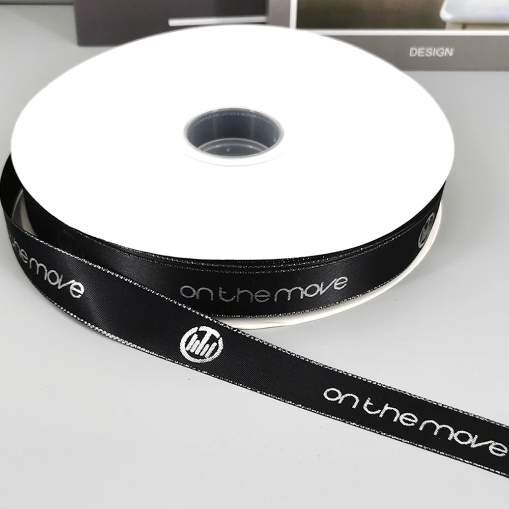 Personalized Brand Logo Printed Ribbon, Golden Edges, Satin Rubban Tape, Wedding Party Favor, Gifts Box Baking Wrapping Bouquet