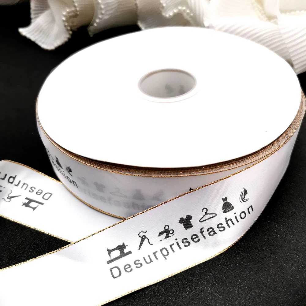 Personalized Brand Logo Printed Ribbon, Golden Edges, Satin Rubban Tape, Wedding Party Favor, Gifts Box Baking Wrapping Bouquet Personalized Brand Logo Printed Ribbon, Golden Edges, Satin Rubban Tape, Wedding Party Favor, Gifts Box Baking Wrapping Bouquet