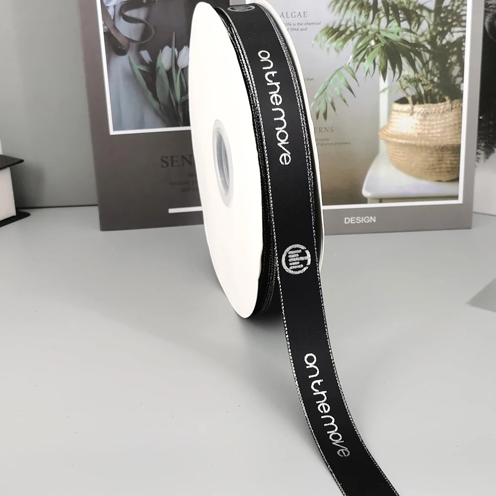 Personalized Brand Logo Printed Ribbon, Golden Edges, Satin Rubban Tape, Wedding Party Favor, Gifts Box Baking Wrapping Bouquet