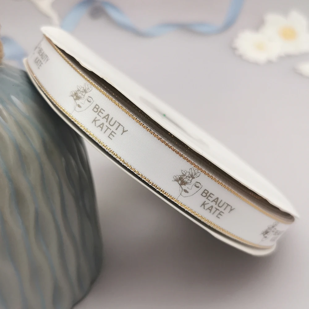 Personalized Brand Logo Printed Ribbon, Golden Edges, Satin Rubban Tape, Wedding Party Favor, Gifts Box Baking Wrapping Bouquet Personalized Brand Logo Printed Ribbon, Golden Edges, Satin Rubban Tape, Wedding Party Favor, Gifts Box Baking Wrapping Bouquet
