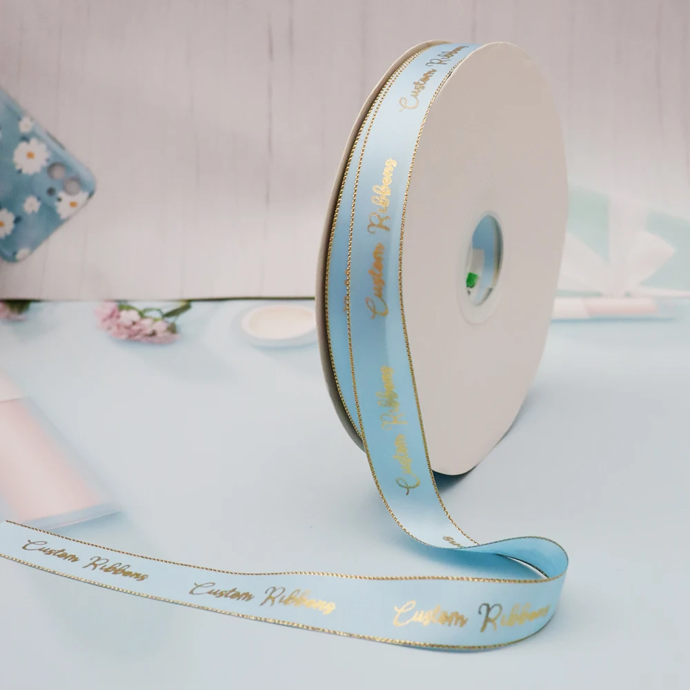 Personalized Brand Logo Printed Ribbon, Golden Edges, Satin Rubban Tape, Wedding Party Favor, Gifts Box Baking Wrapping Bouquet