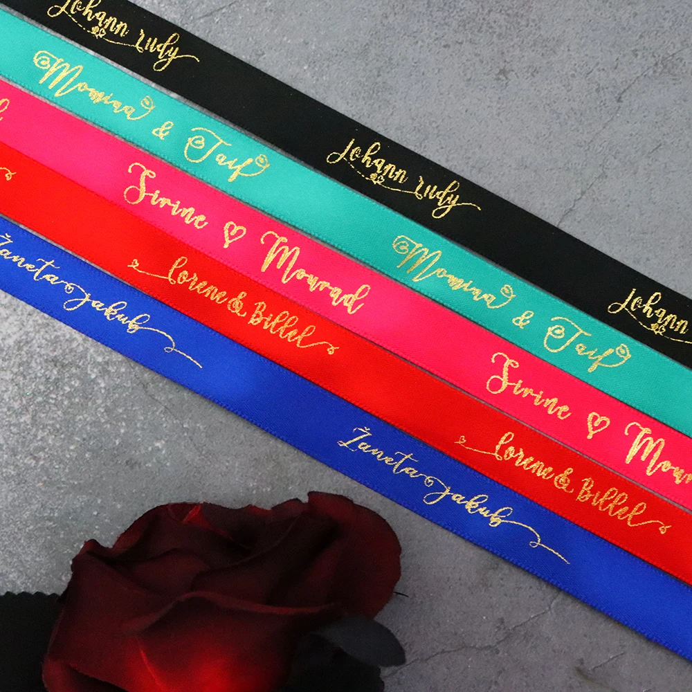 Custom Ribbon Personal Names Printed Satin Rubban Tape Bridal Groom Love Rings Wedding Bouquet Giftbox Bracelet Giveaway Packing
