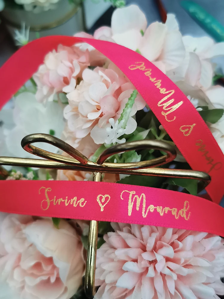 Custom Ribbon Personal Names Printed Satin Rubban Tape Bridal Groom Love Rings Wedding Bouquet Giftbox Bracelet Giveaway Packing