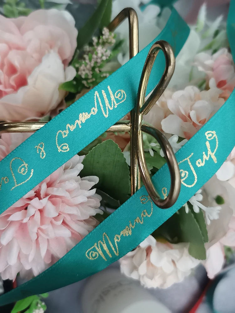 Custom Ribbon Personal Names Printed Satin Rubban Tape Bridal Groom Love Rings Wedding Bouquet Giftbox Bracelet Giveaway Packing