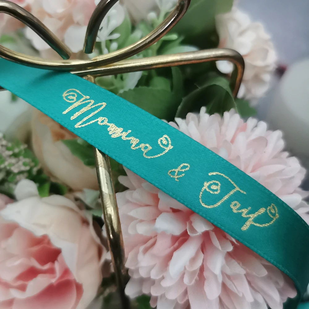 Custom Ribbon Personal Names Printed Satin Rubban Tape Bridal Groom Love Rings Wedding Bouquet Giftbox Bracelet Giveaway Packing