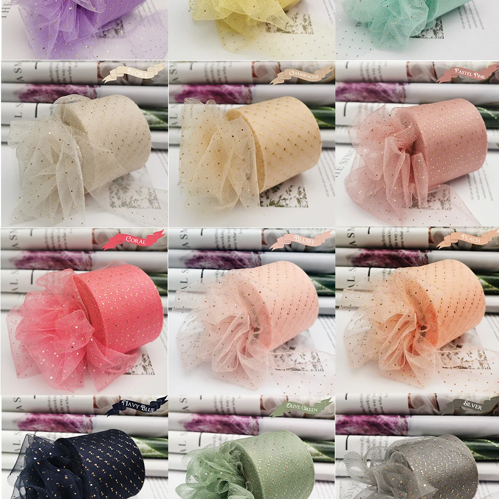6cm 25Yards Golden Dotted Tulle Ribbon Glitter Organza Mesh Fabric Film DIY Craft Accessories Hair Clip Bowknots Sewing Material
