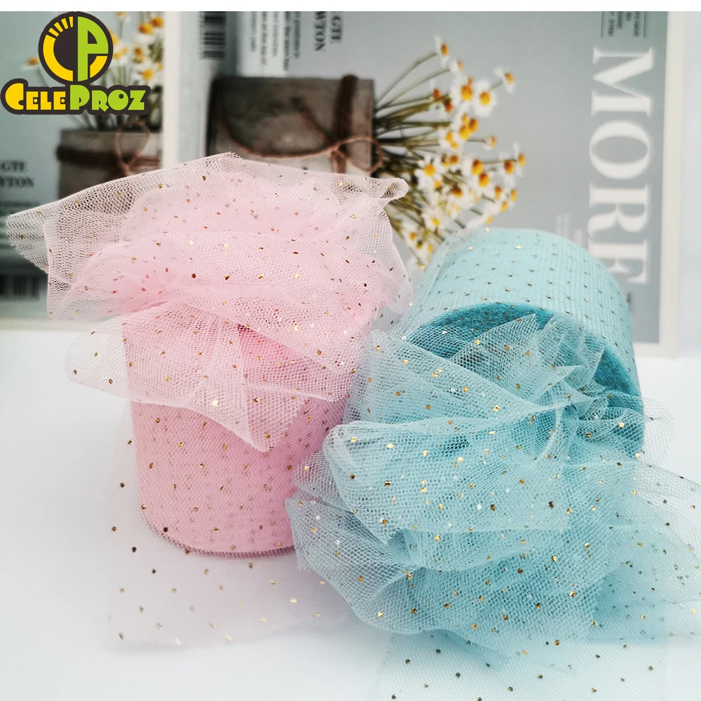 6cm 25Yards Golden Dotted Tulle Ribbon Glitter Organza Mesh Fabric Film DIY Craft Accessories Hair Clip Bowknots Sewing Material