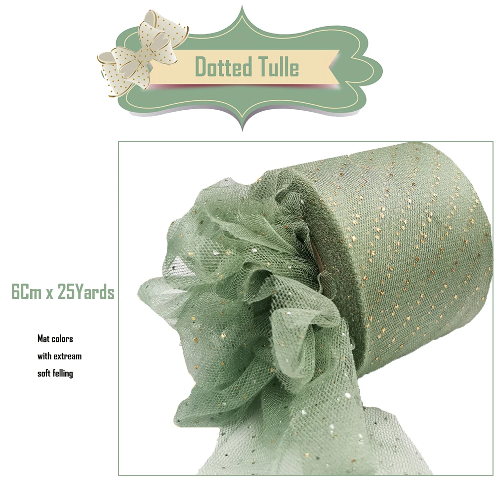 6cm 25Yards Golden Dotted Tulle Ribbon Glitter Organza Mesh Fabric Film DIY Craft Accessories Hair Clip Bowknots Sewing Material