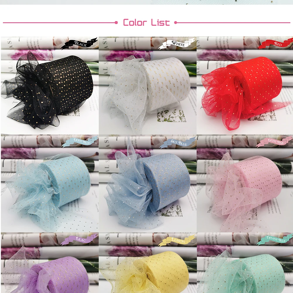 6cm 25Yards Golden Dotted Tulle Ribbon Glitter Organza Mesh Fabric Film DIY Craft Accessories Hair Clip Bowknots Sewing Material