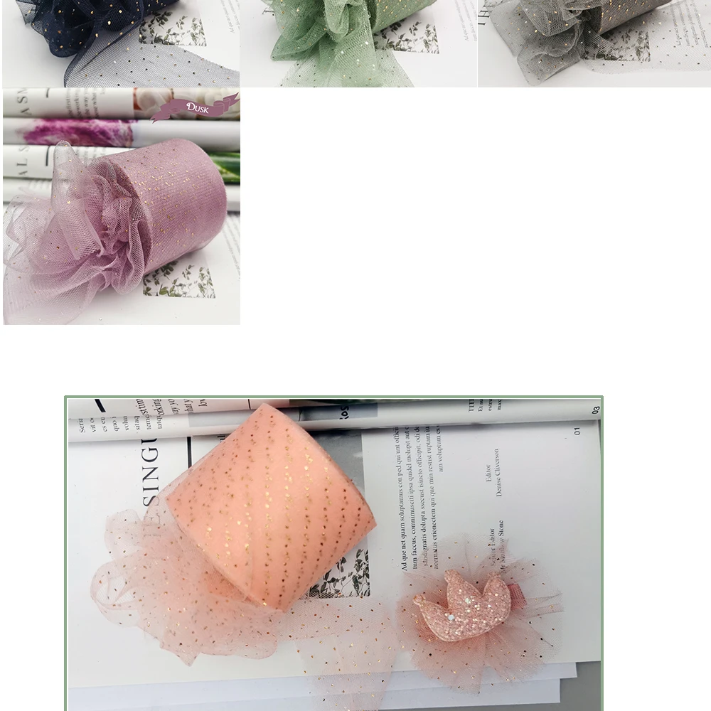 6cm 25Yards Golden Dotted Tulle Ribbon Glitter Organza Mesh Fabric Film DIY Craft Accessories Hair Clip Bowknots Sewing Material