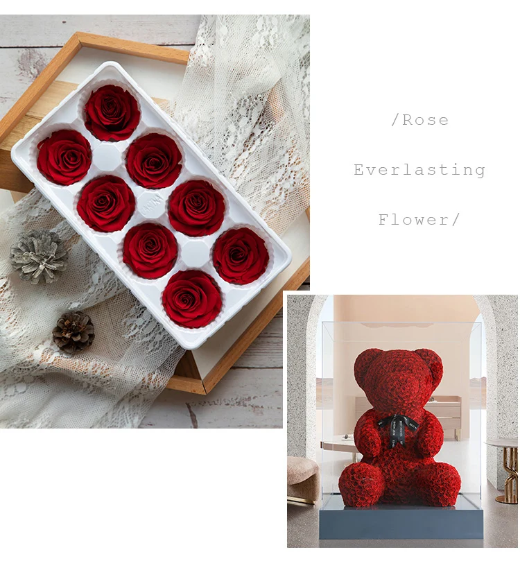 8PCs/Box Preserved Fresh Rose Flower Heads 4-5CM Dried Flower Roses for Teddy Bear Handmade DIY Eternal Flower Arrangement Gift