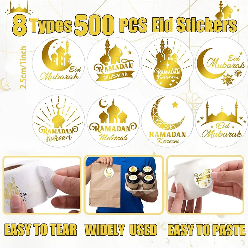500Pcs Ramadan Stickers Eid Mubarak Paper Seal Lable Gift Box Candy Bag Decoration 2024 Ramadan Kareem Islam Muslim Party Supply