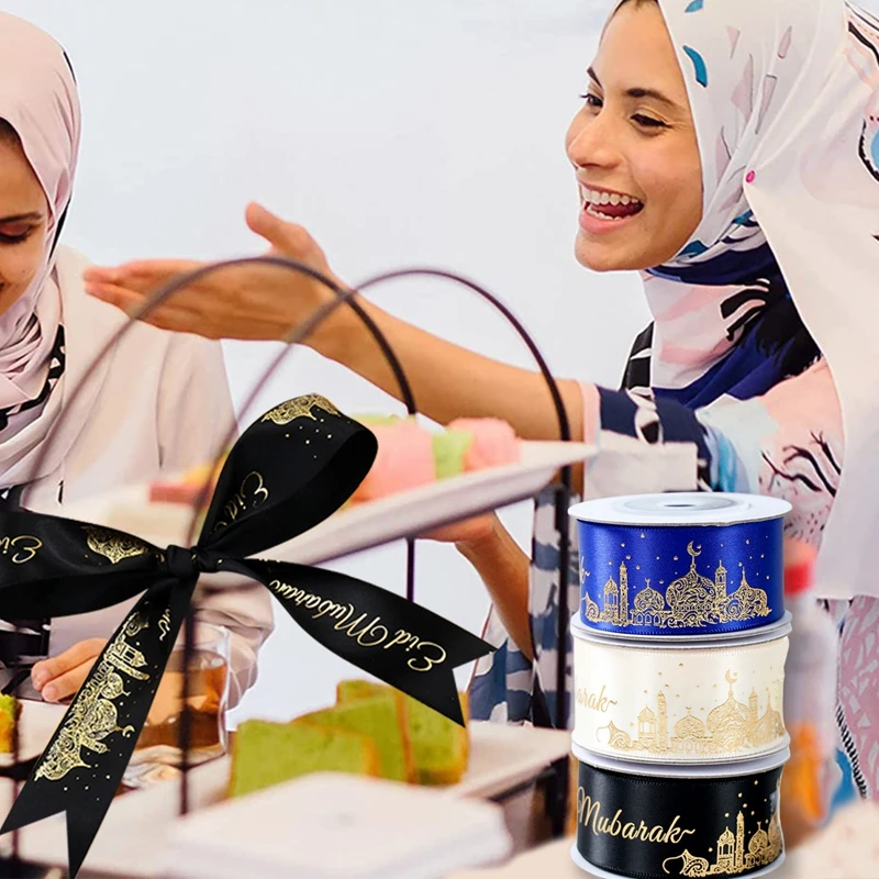 1pc Eid Ramadan Mubarak Ribbon Tapes for 2025 Muslim Fasting Festival Gifts Wrapping Showcase Home Partyware Banner Cake Decor