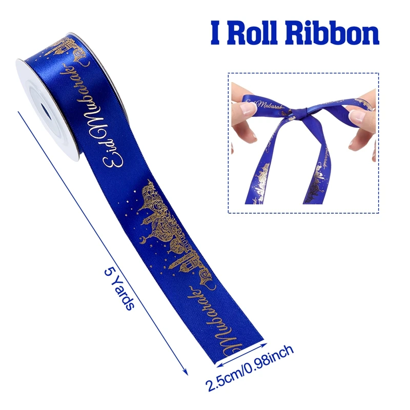 1pc Eid Ramadan Mubarak Ribbon Tapes for 2025 Muslim Fasting Festival Gifts Wrapping Showcase Home Partyware Banner Cake Decor
