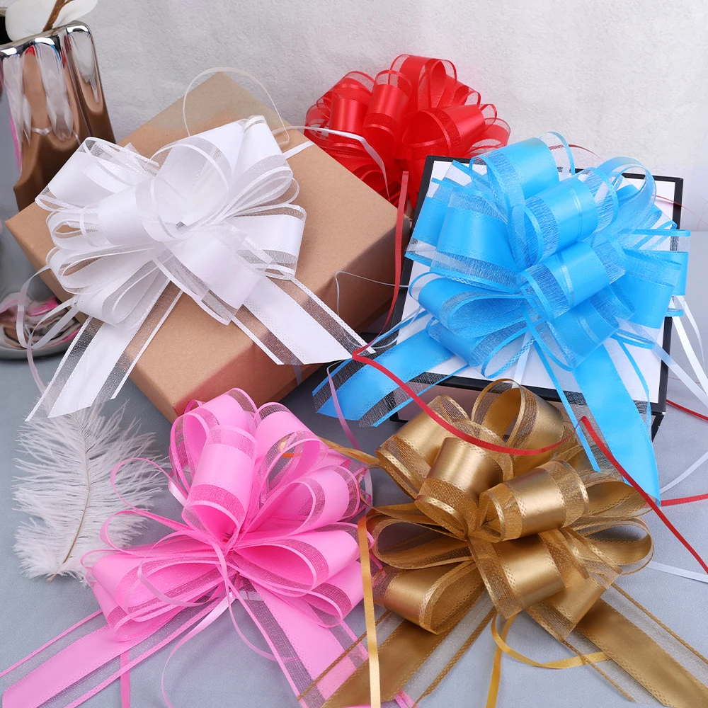 5/1pcs Golden Pull Bow Tulle Ribbon Bows Wedding Party Cars Birthday Christmas Presents Gift Decoration Gold Wedding Bowknot