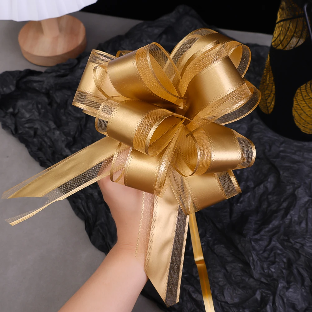 5/1pcs Golden Pull Bow Tulle Ribbon Bows Wedding Party Cars Birthday Christmas Presents Gift Decoration Gold Wedding Bowknot